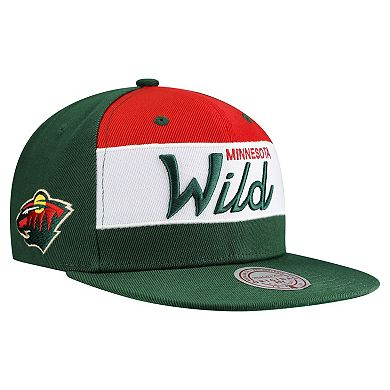 Men's Mitchell & Ness Green Minnesota Wild Retro Script Colorblock Snapback Hat
