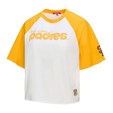 Women's Mitchell & Ness White San Diego Padres Cropped Raglan Boxy T-Shirt