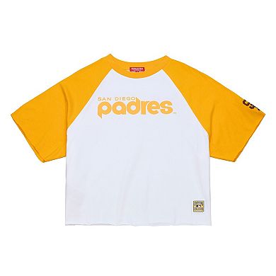 Women's Mitchell & Ness White San Diego Padres Cropped Raglan Boxy T-Shirt