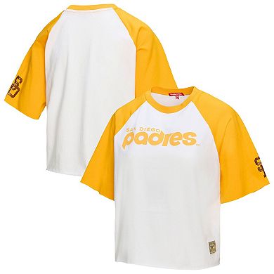 Women's Mitchell & Ness White San Diego Padres Cropped Raglan Boxy T-Shirt