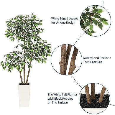 Artificial Ficus Tree in White Tall Planter, 3 Trunks & White-Edged Leaves for Home & Garden