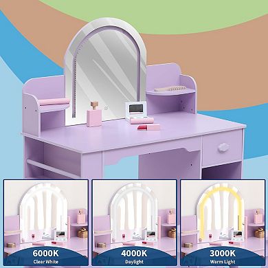 Kids Vanity with Lighted Mirror: 2-in-1 Table, Stool & Bookshelf for Girls 3-9