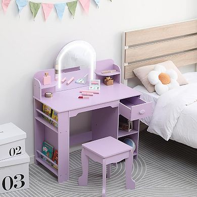 Kids Vanity with Lighted Mirror: 2-in-1 Table, Stool & Bookshelf for Girls 3-9