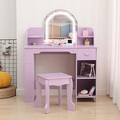 Kids Vanity with Lighted Mirror: 2-in-1 Table, Stool & Bookshelf for Girls 3-9