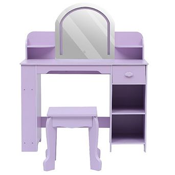 Kids Vanity with Lighted Mirror: 2-in-1 Table, Stool & Bookshelf for Girls 3-9