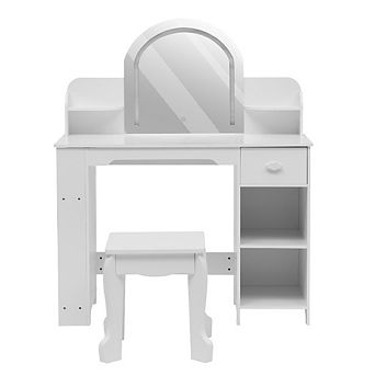 Kids Vanity with Lighted Mirror: 2-in-1 Table, Stool & Bookshelf for Girls 3-9