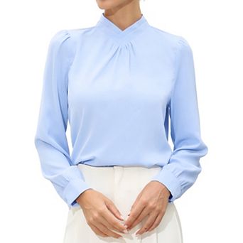 Work Tops for Women Business Casual Shirt Pleat Mock Neck Puffy Long Sleeve Office Blouse