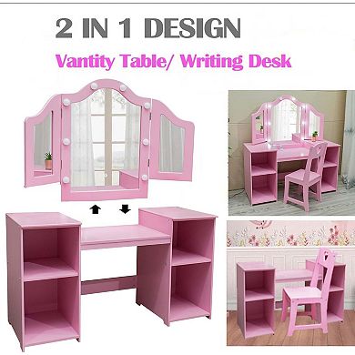 Makeup Vanity Set with Tri-Fold Mirror, High-Back Chair & Storage Desk