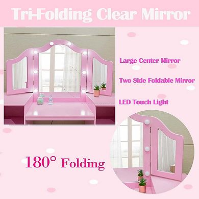 Makeup Vanity Set with Tri-Fold Mirror, High-Back Chair & Storage Desk