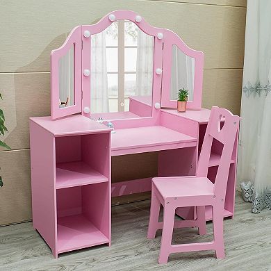 Makeup Vanity Set with Tri-Fold Mirror, High-Back Chair & Storage Desk