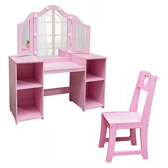 Makeup Vanity Set with Tri-Fold Mirror, High-Back Chair & Storage Desk