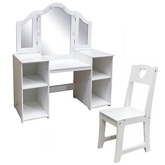 Makeup Vanity Set with Tri-Fold Mirror, High-Back Chair & Storage Desk