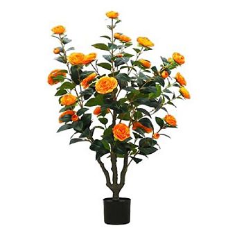 Artificial Camellia Tree in Pot, Faux Orange Flower Plant for Indoor/Outdoor