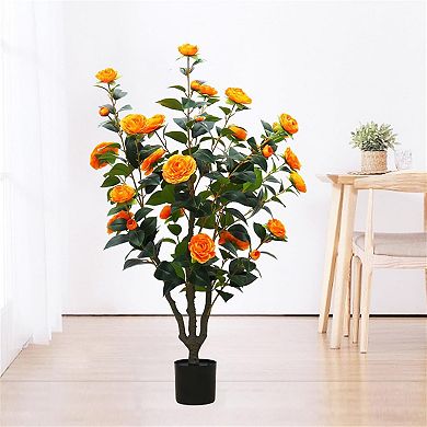 Artificial Camellia Tree in Pot, Faux Orange Flower Plant for Indoor/Outdoor