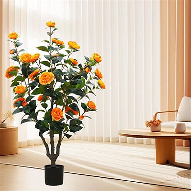 Artificial Camellia Tree in Pot, Faux Orange Flower Plant for Indoor/Outdoor