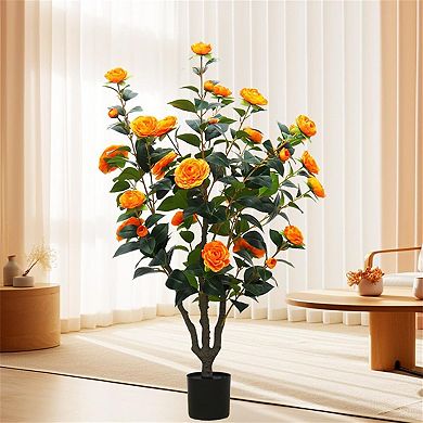 Artificial Camellia Tree in Pot, Faux Orange Flower Plant for Indoor/Outdoor