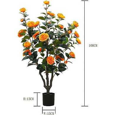 Artificial Camellia Tree in Pot, Faux Orange Flower Plant for Indoor/Outdoor