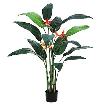 Green Faux Bird of Paradise Plant Artificial Palm Tree with 17 Leaves & 3 Flowers