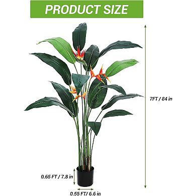 Green Faux Bird of Paradise Plant Artificial Palm Tree with 17 Leaves & 3 Flowers