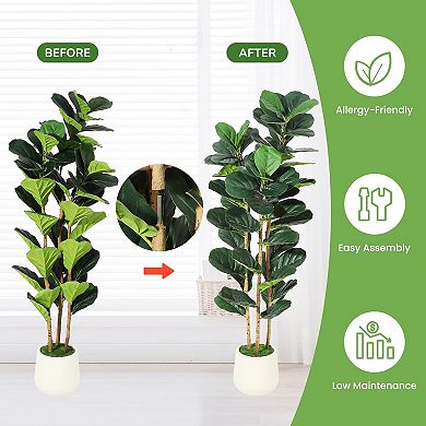 Artificial Fiddle Leaf Fig Tree with Wood Trunk in Pot for Home & Office Decor