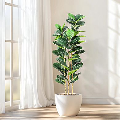 Artificial Fiddle Leaf Fig Tree with Wood Trunk in Pot for Home & Office Decor