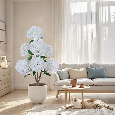 Artificial White Hydrangea Tree in Pot, Large Faux Plant for Office & Wedding Decor