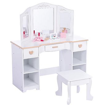 Kids Vanity Set with Mirror & Storage, Pretend Play Makeup Table Chair & Accessories