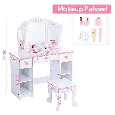 Kids Vanity Set with Mirror & Storage, Pretend Play Makeup Table Chair & Accessories
