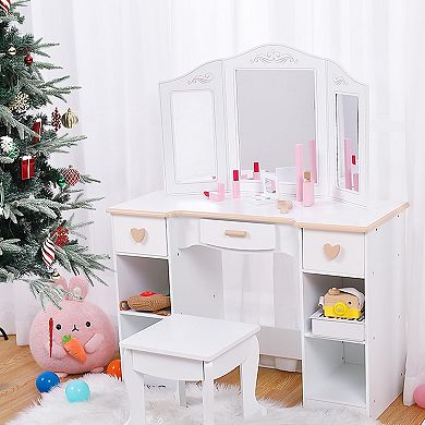 Kids Vanity Set with Mirror & Storage, Pretend Play Makeup Table Chair & Accessories