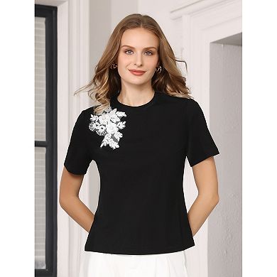 Women's Basic Tee Shirt Short Sleeve Crew Neck Stretchy Summer Casual Beaded Top