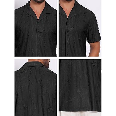 Men's Camp Collar Shirt Button Down Short Sleeve Distressed Ripped Casual Shirts