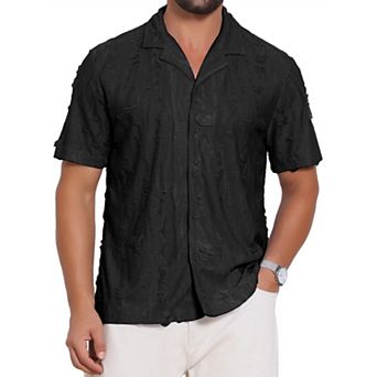Men's Camp Collar Shirt Button Down Short Sleeve Distressed Ripped Casual Shirts