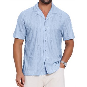 Men's Camp Collar Shirt Button Down Short Sleeve Distressed Ripped Casual Shirts