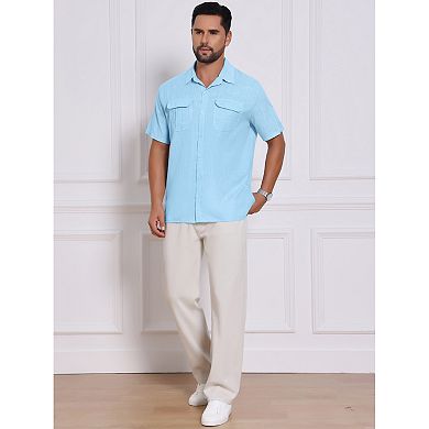 Men's Solid Dress Shirts Short Sleeve Button Down Chest Pockets Linen Shirt