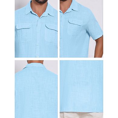 Men's Solid Dress Shirts Short Sleeve Button Down Chest Pockets Linen Shirt