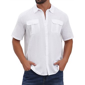 Men's Solid Dress Shirts Short Sleeve Button Down Chest Pockets Linen Shirt