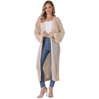 Crochet Long Cardigan for Women's 3/4 Sleeve Hollow Out Lightweight Knit Loose Sweater