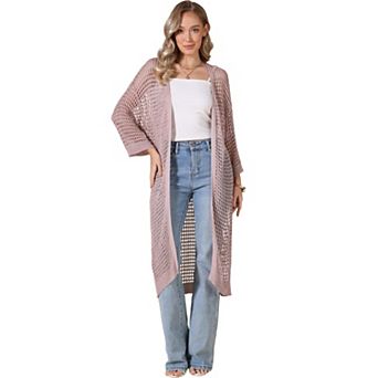 Crochet Long Cardigan for Women's 3/4 Sleeve Hollow Out Lightweight Knit Loose Sweater