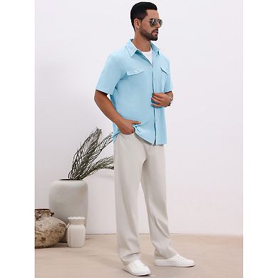 Men's Short Sleeves Shirt Chest Pockets Summer Beach Button Down Linen Shirts