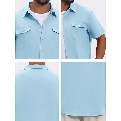 Men's Short Sleeves Shirt Chest Pockets Summer Beach Button Down Linen Shirts