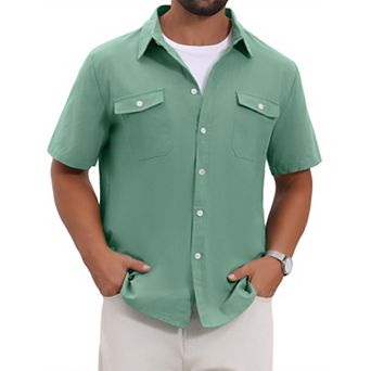 Men's Short Sleeves Shirt Chest Pockets Summer Beach Button Down Linen Shirts