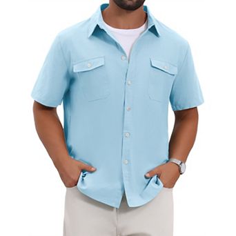 Men's Short Sleeves Shirt Chest Pockets Summer Beach Button Down Linen Shirts