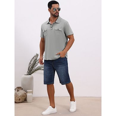 Men's Collared Golf Shirt Short Sleeve Double Chest Pockets Outdoor Polo Shirt