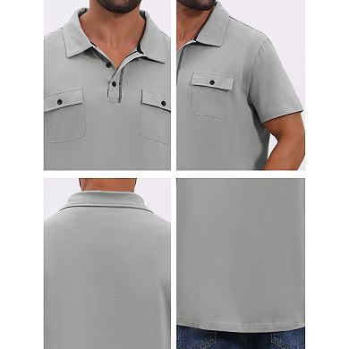 Men's Collared Golf Shirt Short Sleeve Double Chest Pockets Outdoor Polo Shirt