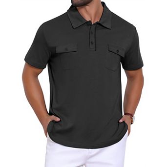 Men's Collared Golf Shirt Short Sleeve Double Chest Pockets Outdoor Polo Shirt