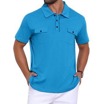 Men's Collared Golf Shirt Short Sleeve Double Chest Pockets Outdoor Polo Shirt