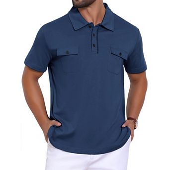 Men's Collared Golf Shirt Short Sleeve Double Chest Pockets Outdoor Polo Shirt