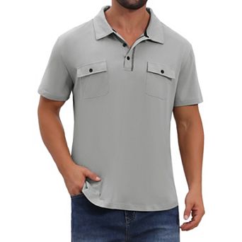Men's Collared Golf Shirt Short Sleeve Double Chest Pockets Outdoor Polo Shirt