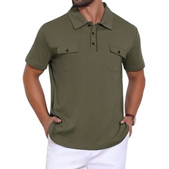 Men's Collared Golf Shirt Short Sleeve Double Chest Pockets Outdoor Polo Shirt