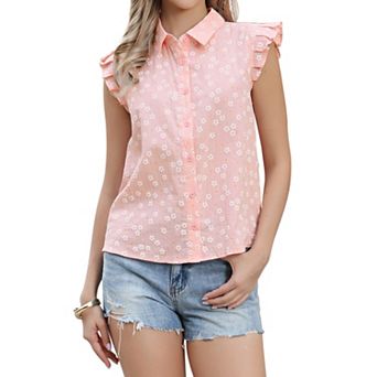 Ruffle Cap Sleeve Tops for Women's Summer Button Down Shirts Floral Printed Casual Blouses